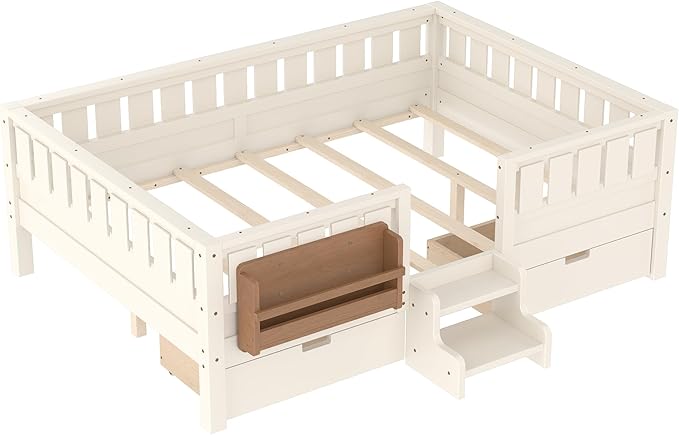 Bellemave Full Size Bed Frame with Storage Drawers & Bookshelf, Low Profile Kids Bed with Staircase & Full Length Guardrails, Solid Wood Full Size Bed Frame Kids with Slats Load 450 LBS, Beige