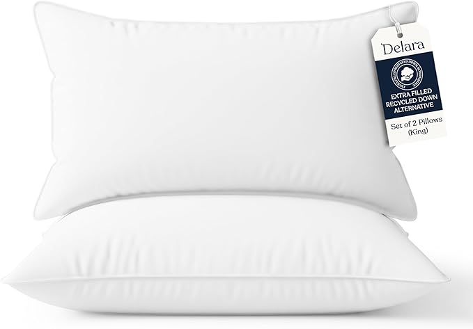 Bed Pillows Set of 2 GOTS Certified Organic Cotton Sateen Shell, Down Alternative Fill, Hypoallergenic, Cooling & Breathable, Triple Certified: GOTS + OEKO-TEX + GRS, Eco-Friendly, King 20"x36"