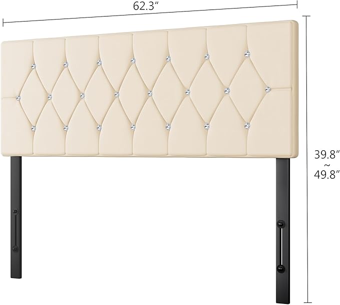 VECELO Tufted Upholstered Headboard Queen Size, with 6 Adjustable Height from 39.8" to 49.8", Button Diamond Design, Easy Assembly, Beige