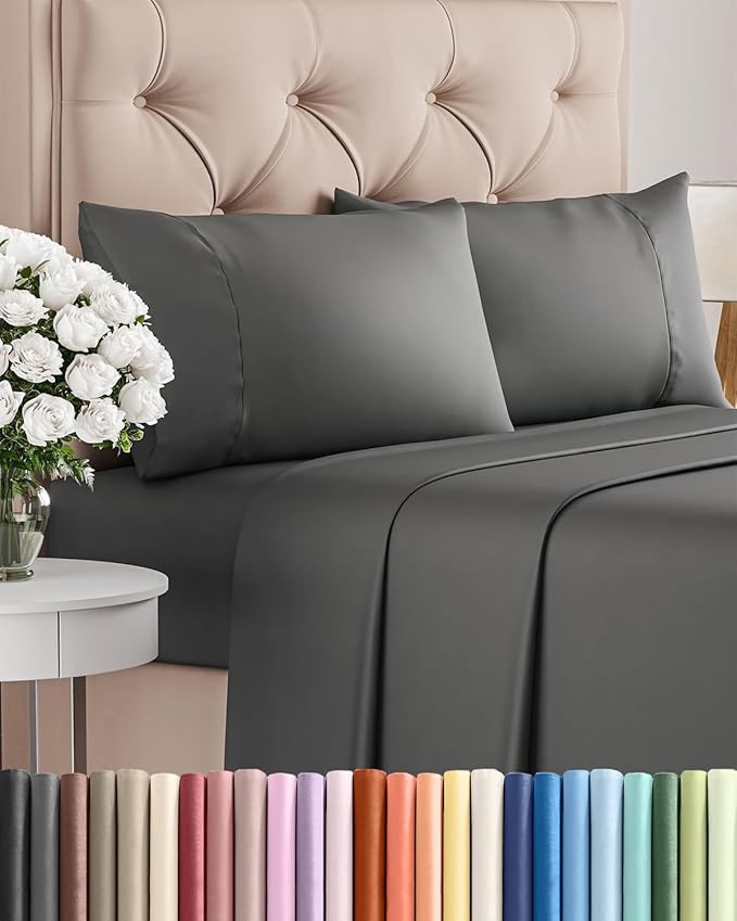 Twin 4 Piece Sheet Set - Comfy, Breathable & Cooling - Hotel Luxury Bedding for Women, Men, Kids, Teens and Children - 1 Flat & 1 Fitted Sheet & 2 Pillowcases w/ Deep Pockets - Wrinkle Free - Charcoal
