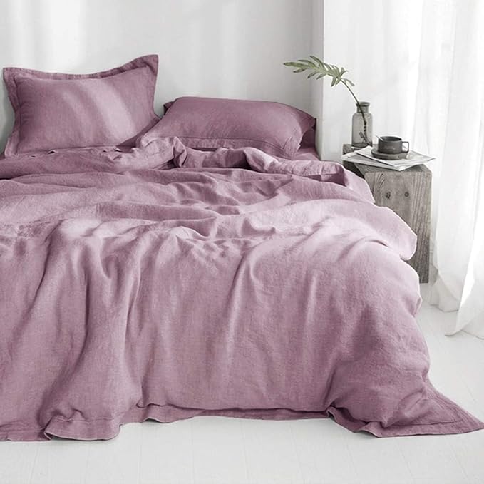 Simple&Opulence 100% French Flax Linen Duvet Cover Set with Embroidery Washed - 3 Pieces (1 Duvet Cover with 2 Pillow Shams) with Button Closure Soft Breathable Farmhouse - Purple, King Size