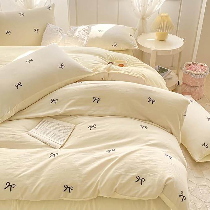 Nayoroom Bow Duvet Cover Queen Size Reversible Aesthetic Duvet Cover 3 Pieces Soft Lightweight Microfiber Kids Girls Cute Dorm Bedding Set, White/Yellow