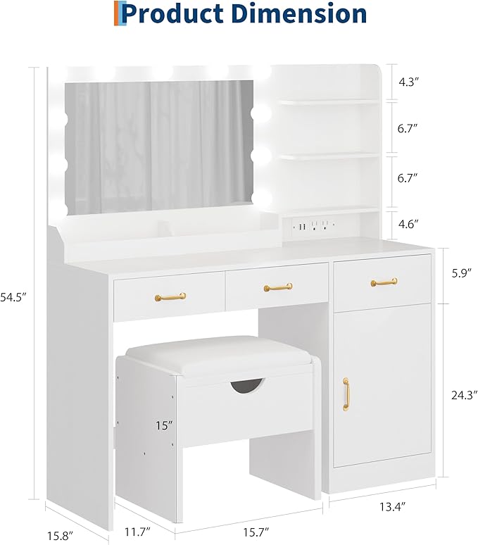 GarveeHome Vanity Desk with Mirror and Lights, Vanity Set with Upholstered Storage Stool, Makeup Vanity with Power Outlet & 11 LED Bulbs, Dressing Table with 3 Drawers & Storage Shelves, New White