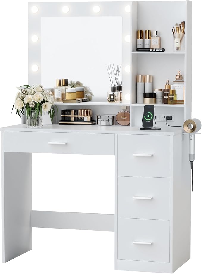 Furmax Vanity Desk with LED Lighted Mirror&Power Outlet, 39.3’’ Makeup Vanity Table with 4 Drawers and 3 Storage Shelves, Adjustable 3 Lighting Colorfor Bedroom&Dressing Room (White)
