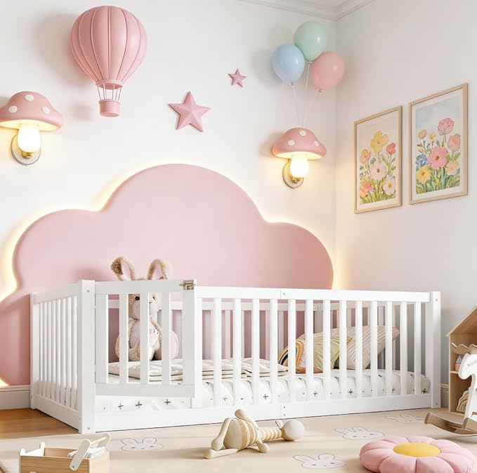 Bellemave Twin Size Montessori Floor Bed with 23.5" High Rails, Pine,Plywood Twin Floor Bed with Small Door, White