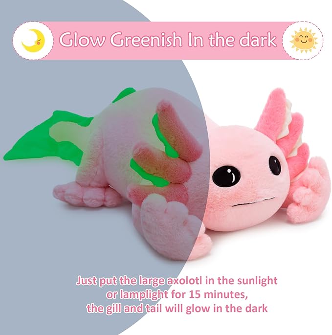 MaoGoLan Giant Axolotl Plush Toy Stuffed Animal, 40" Glow in The Dark Axolotl Plush Pillow for Girl Boy Kid, Soft Jumbo Pink Salamander Body Pillow for Birthday Gift Baby Shower Party Favor Decor