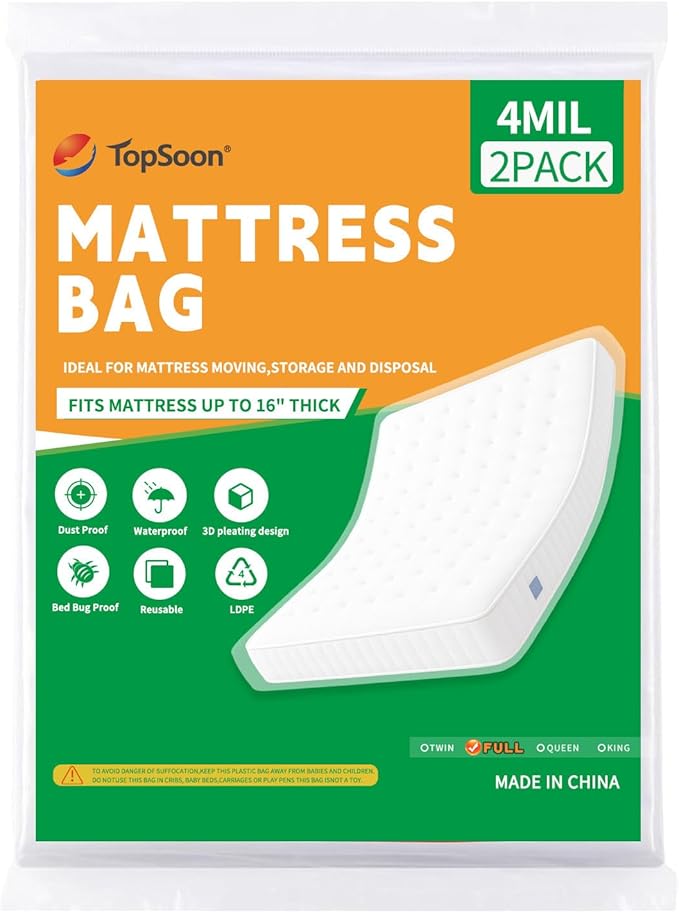 TopSoon 2PK Clear Plastic Mattress Bag - Moving & Storage Cover for Mattress or Box Spring - Heavy-Duty Disposal Supplies (4mil, Full)
