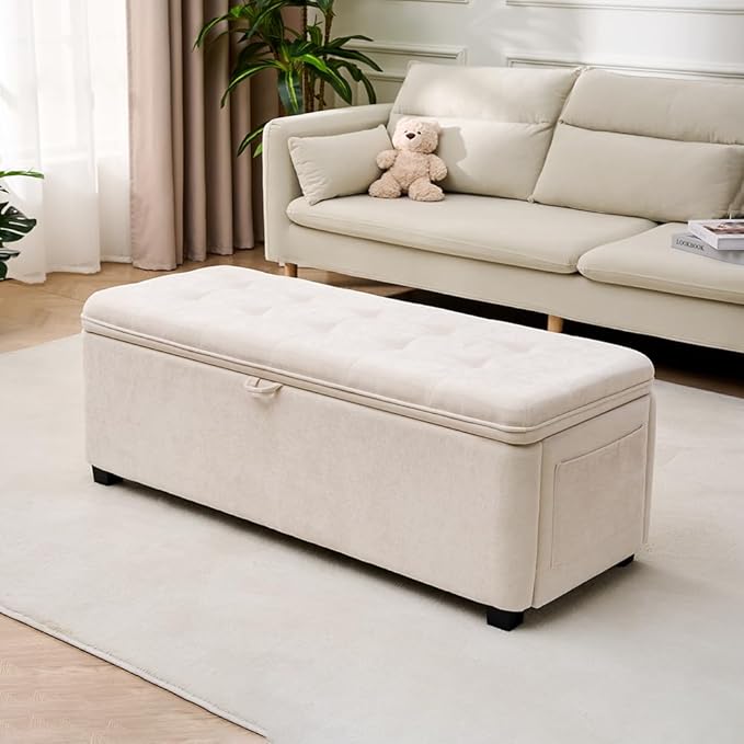45" Storage Ottoman Bench, Tufted Ottoman with Storage for Living Room, Large End of Bed Ottomans, Modern Entryway Benchs, Window & Bedroom Benches for Foot of Bed (Ivory)