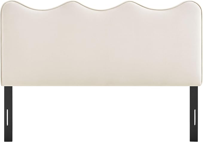Monday Athena Queen Size Performance Velvet Adjustable Headboard in Alabaster - with Scalloped Wave Design and Stain-Resistant Velvet Upholstery