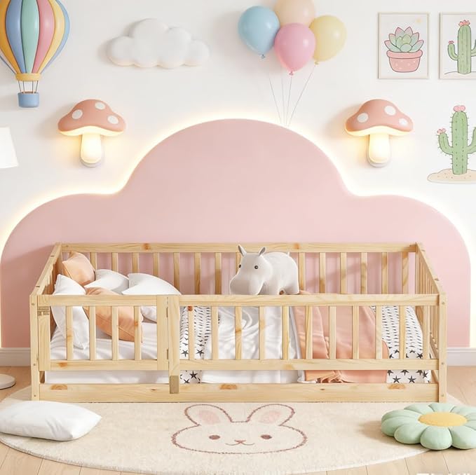Bellemave Ful Montessori Floor Bed with 21.5" High Rails and Slats, Pine,Plywood Floor Bed with Small Door, Natural