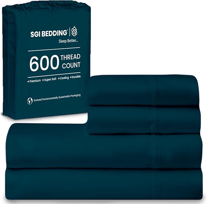 SGI bedding 100% Egyptian Cotton Sheets RV King Size – 600 Thread Count Sheets Set, Soft, Cooling, 15" Deep Pocket, Luxury Hotel Bedding, Breathable, Durable - Teal