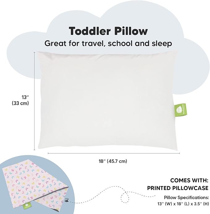 Toddler Pillow with Pillowcase - 13x18 My Little Dreamy Kids Travel Bed Pillows for Sleeping, Organic Cotton Small Pillowcase, Soft & Breathable, Machine Washable, Toddlers 2-5 years old (Flutter)