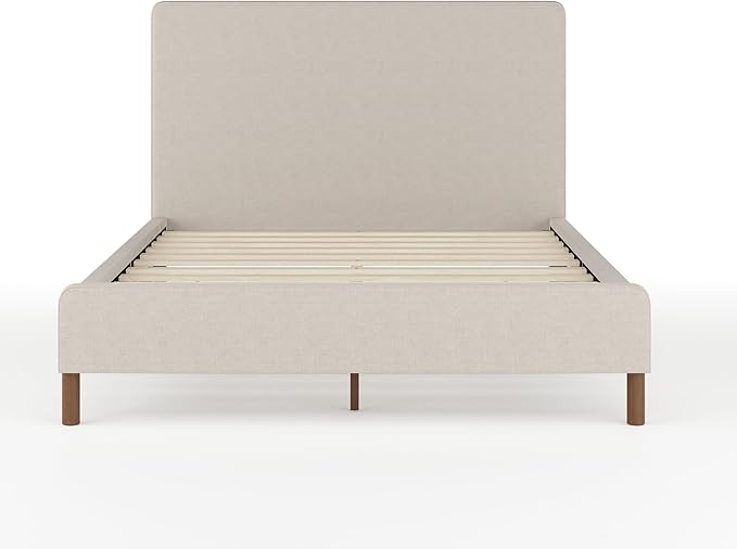 Martha Stewart Britta Platform Bed with Headboard & Footboard, Faux Linen Upholstery with Piping Detail, Rounded Headboard, No Box Spring Needed, Full, Beige