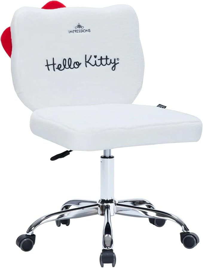 Impressions Vanity Hello Kitty Teddy Swivel Vanity Chair for Makeup Desk, Armless Rolling Chair with Wheels, Adjustable Height, 360 Degree Swing, Comfy Foam Padded Seat and Backrest (Teddy White)