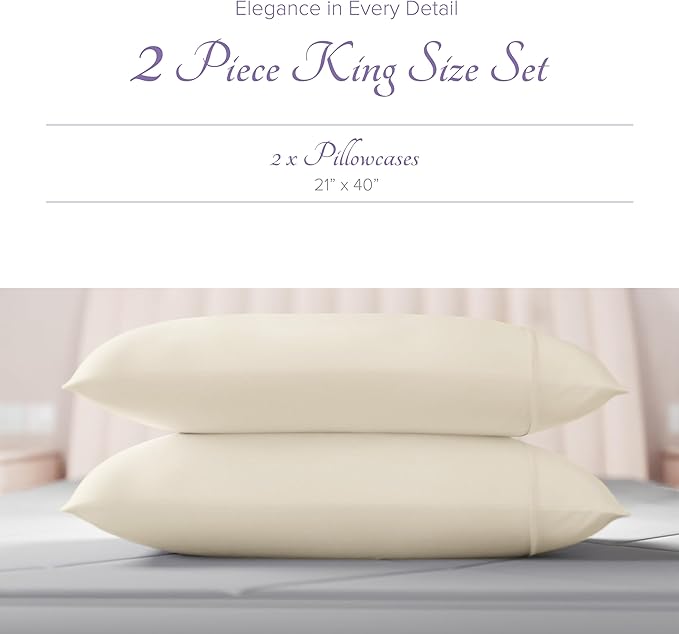 Carressa Linen 100% Egyptian Cotton King Size Pillow Cases Set of 2 - Luxury 600 Series Hydrangeas Collection King Pillowcases (Ivory), Soft Cooling, Sateen Weave Hotel Quality Bed Pillow Cover