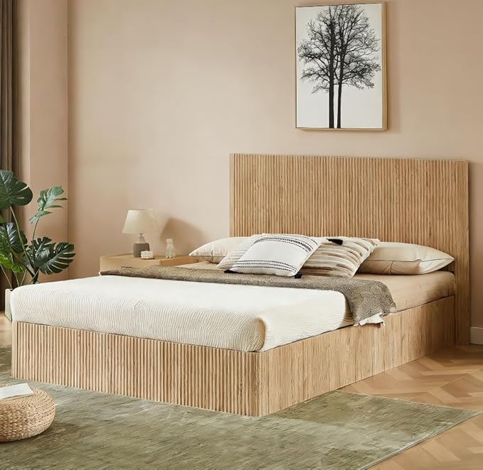 Bellemave Queen Lift Up Storage Bed, Oak Wood Lift Up Bedframe,Wooden Corrugated Curved Lines, Hydraulic Storage,Oak