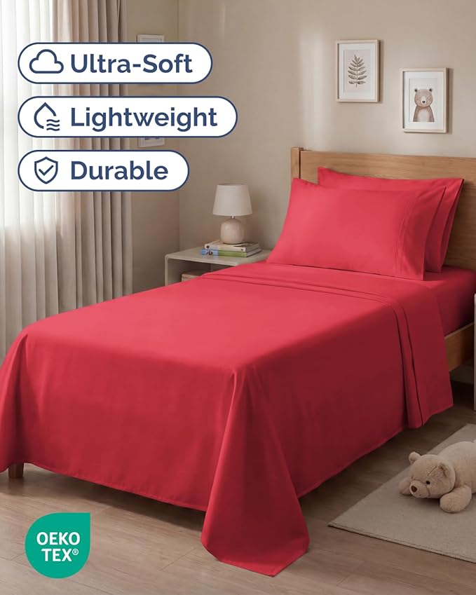 Twin 4 Piece Sheet Set - Comfy, Breathable & Cooling - Soft Hotel Luxury Bedding for Women, Men, Kids, Teens & Children - 1 Flat & 1 Fitted Sheet & 2 Pillowcases w/ Deep Pockets - Wrinkle Free - Red