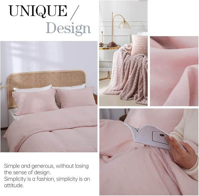 Simple&Opulence 100% Linen Duvet Cover Set 3pcs Basic Style Natural French Washed Flax Solid Color Soft Breathable Farmhouse Bedding with Button Closure - Blush Pink, Full