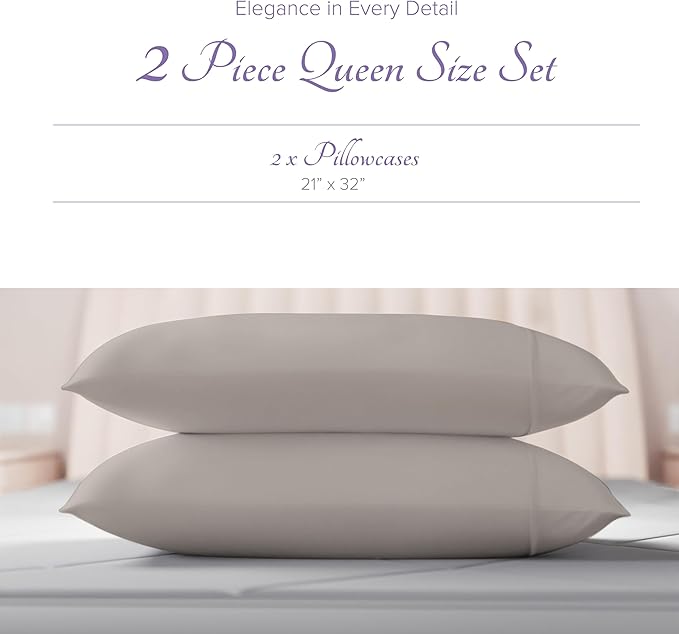 Carressa Linen 100% Egyptian Cotton Pillow Cases Queen Size Set of 2 - Luxury 600 Series Hydrangeas Collection Queen Size Pillowcases (Taupe), Cooling Sateen Weave Hotel Quality Bed Pillow Cover