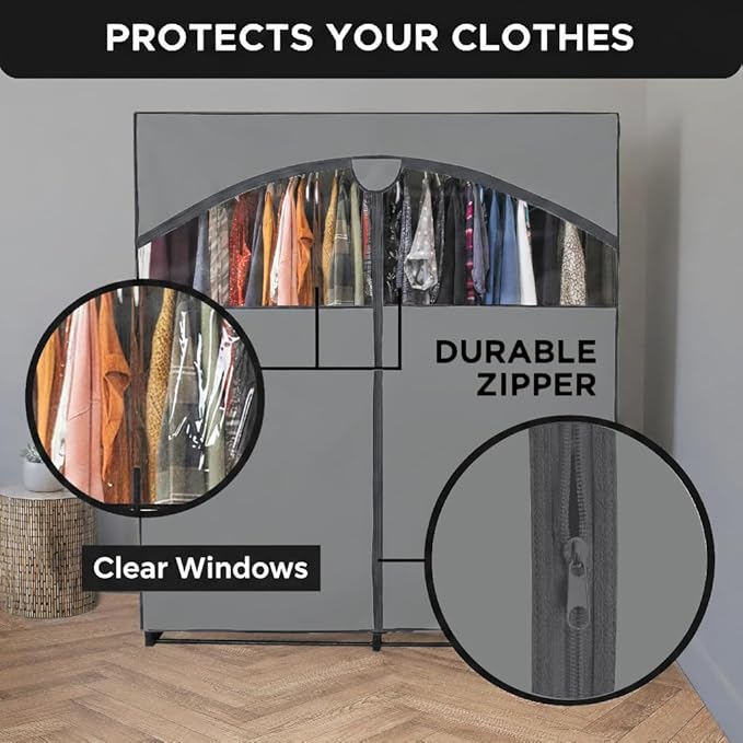 HOLDN’ STORAGE Portable Wardrobe Closet - 65 lb Large Capacity, Internal Heavy Duty Metal Rod, Zipper & Clear Window, Durable Clothes Organizer, Tool-Free Easy Assembly, Dark Gray Canvas Cover
