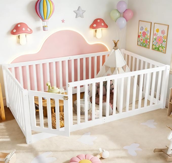 Bellemave Twin Size Montessori Floor Bed with 23.5" High Rails, Pine,Plywood Twin Floor Bed with Small Door, White