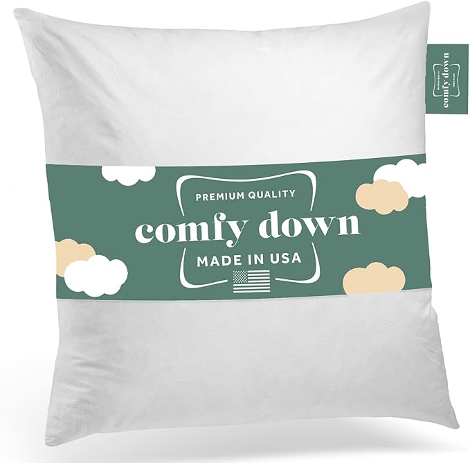 ComfyDown 16x16 Throw Pillow Insert, Down & Feather Fill, 100% Cotton Cover, Made in USA – Premium Soft Decorative Pillow Form Sham Stuffer for Bed, Sofa & Couch