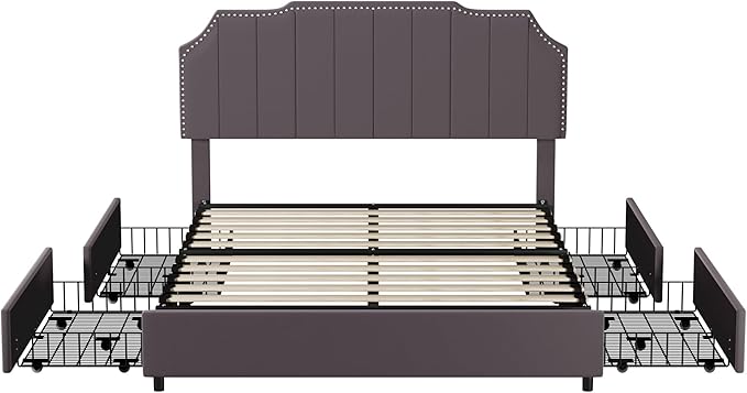 VECELO Full Upholstered Platform Bed Frame with 4 Storage Drawers,Velvet Vintage Full Bed with Nailhead Trim,Tufted Height Adjustable Headboard,Wooden Slats/No Box Spring Needed/Easy Assembly