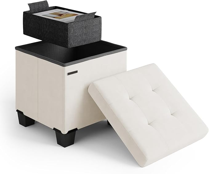 Storage Ottoman Cube with Small Bin, 15-in Square Ottoman with Storage for Living Room and Bedroom, Small Ottomans Foot Rest, Velvet Foot Stools Ottomans Max 330lbs, Cream