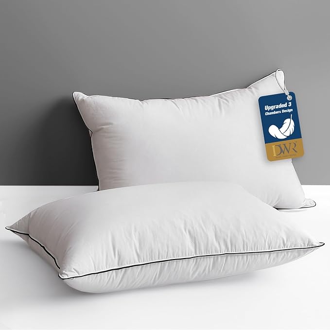 DWR Luxury Hotel Goose Feather Down Pillows Queen Size Set of 2, Medium Firm Bed Pillows for Sleeping, 100% Organic Cotton Cover, Soft Yet Supportive Polyester Surround, White 20"x30"