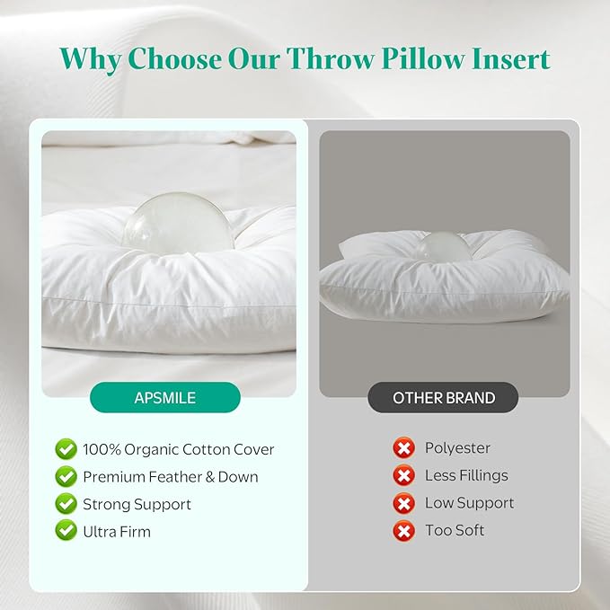 APSMILE Down Feather Throw Pillow Inserts, 14x24 Pillows Set of 2 with Organic Cotton Cover, Soft Decorative Pillows for Couch Living Room, Sofa, and Bed