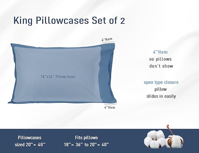 Pillow Cases, King Size Cotton Percale Weave Pillowcases, Pre-Shrunk Breathable and Hypoallergenic Pillowcases, Set of 2 (2 Piece King 20 Inch x 40 Inch, Moonlight Blue)