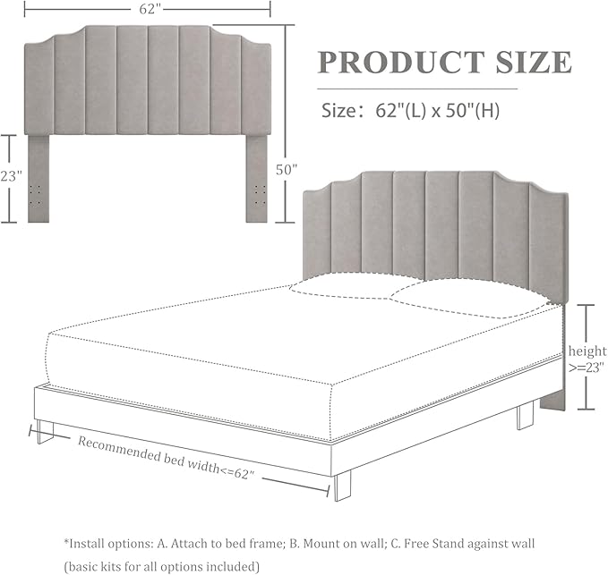 Befurtori Queen Size Headboard Only, Velvet Wall Mounted Headboard Queen Size for Adjustable Bed, Modern Vertical Channel Design with Curved Tufted Upholstered Head Board and Luxury Soft Padded, Gray