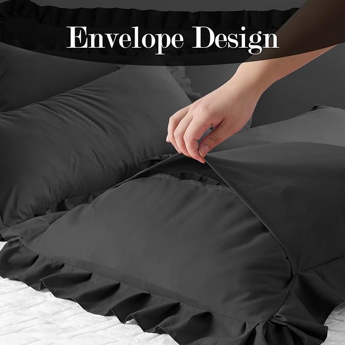 Ruffle Pillow Cases King Size Set of 2 – Soft Wrinkle Resistant Brushed Microfiber Ruffled Pillowcases –Envelope Pillow Shams Cover Festive Gift for Hotels, Guest Rooms 20x36 Inch (Black)