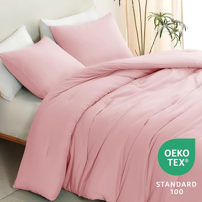 CozyLux Queen Comforter Set Pink, 3 Pieces Solid Comforters Queen Size Breathable Quilted Bedding Sets, Luxury Soft Lightweight Bed Set with Down Alternative Comforter and 2 Pillowcases All Seasons
