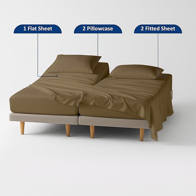 5 Piece Split Cal King Sheet Set, 100% Egyptian Cotton, 16 Inch Deep Pockets, Taupe Solid, Soft Cooling Sheets for Adjustable Beds, Sleep Number Beds, Split Cal King Mattress Sheet Set
