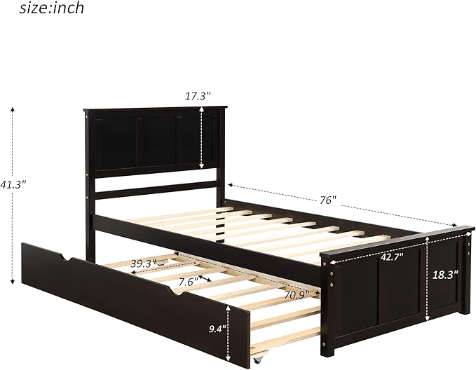 Ball & Cast Twin Bed Frames,Dyabed Platform Bed W/Pull Out Trundle Bed,Trundle can be Placed on Either Side of The Bed,for Bedroom,Guest Room,Apartment,Espresso