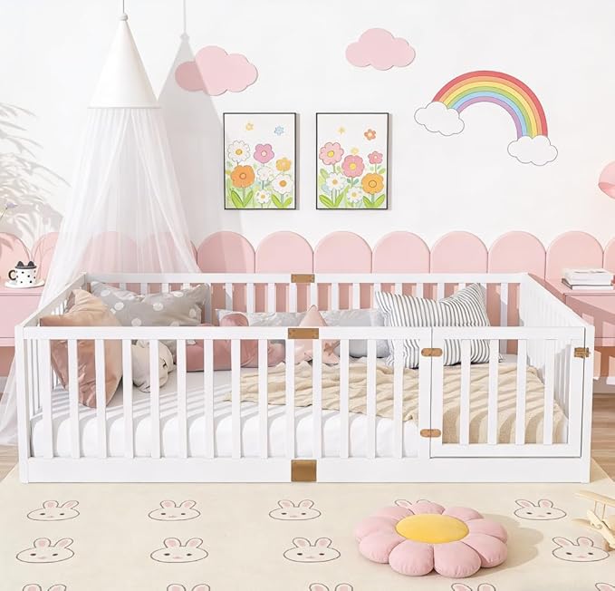 Bellemave Full Size Montessori Floor Bed with 21.5" High Rails, Rubber Wood Full Floor Bed with Slats and Door, White