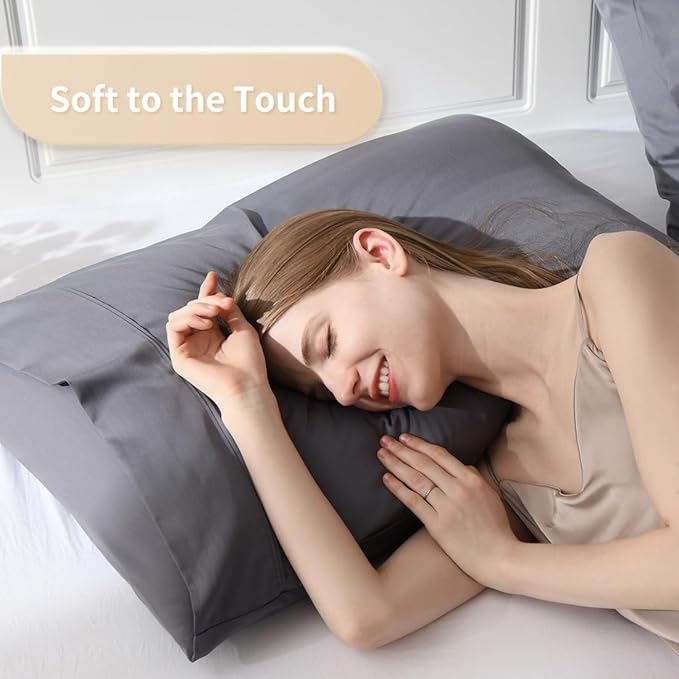 Queen Pillowcases, Cooling Viscose from Bamboo Pillow Covers with Envelope Closure, Soft Moisture-Wicking for Hot Sleepers, Hair and Skin-Friendly, Gray, 2 Pack