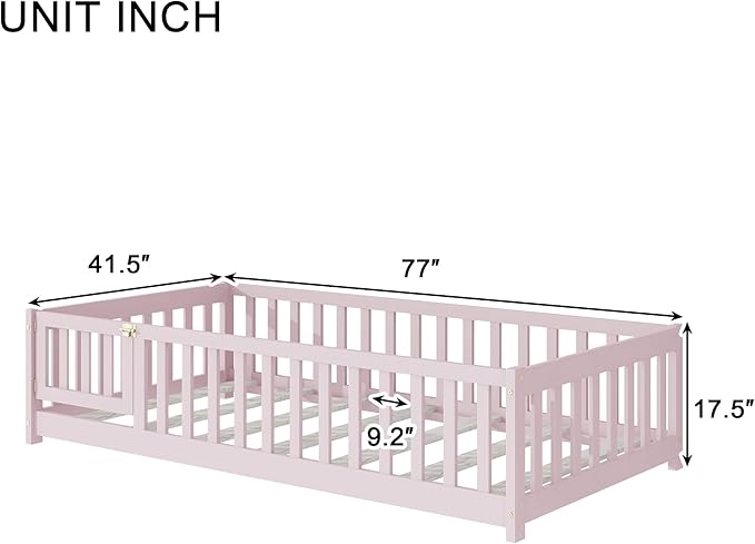 Bellemave Montessori Twin Floor Bed Frame with Fence and Removable Door, Low Profile Twin Size Montessori Bed Frame for Kids, Solid Wooden Floor Beds with Slats for Bedroom,Nursery, Pink