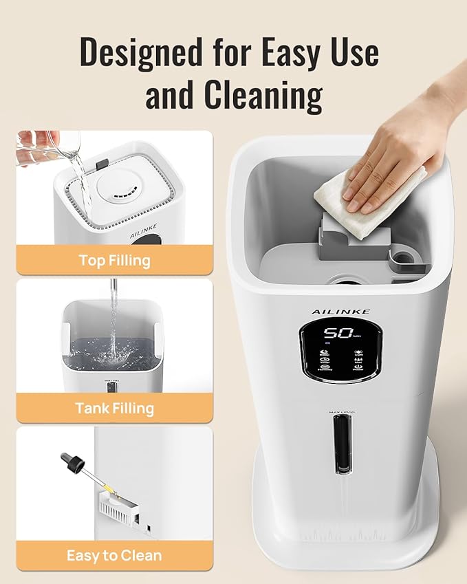 Humidifiers for Bedroom, 2.1Gal/8L Cool Mist Humidifier Large Room 500 sq ft, Humidifiers for Home with Essential Oil Diffuser, Light/Top Fill/Quiet Humidifier for Baby Nursery Office Plants, White