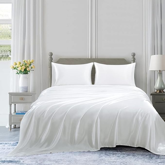 Homiest 4pcs Satin Sheets Set Luxury Silky Satin Bedding Set with Deep Pocket, 1 Fitted Sheet + 1 Flat Sheet + 2 Pillowcases (Full Size, White)
