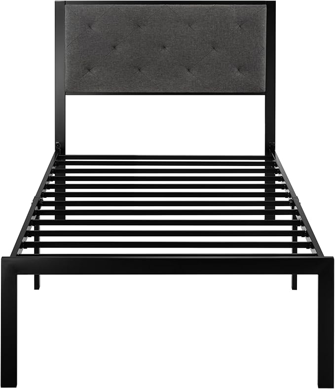 SHA CERLIN Twin Size Metal Platform Bed Frame,Linen Upholstered Button Tufted Headboard, Mattress Foundation with 12.4” Under-Bed Storage, Noise-Free, Easy Assembly, No Box Spring Needed, Dark Grey