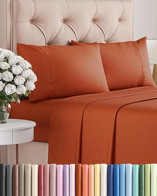 Twin 4 Piece Sheet Set - Comfy, Breathable & Cooling - Hotel Luxury Bedding for Women, Men, Kids, Teens & Children - 1 Flat & 1 Fitted Sheet & 2 Pillowcases w/ Deep Pockets - Wrinkle Free - Terracotta