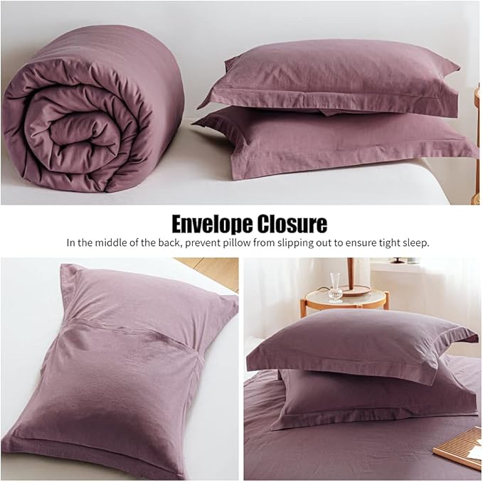 Simple&Opulence 100% Linen Duvet Cover Set 3pcs Basic Style Natural French Washed Flax Solid Color Soft Breathable Farmhouse Bedding with Button Closure - Purple, Queen