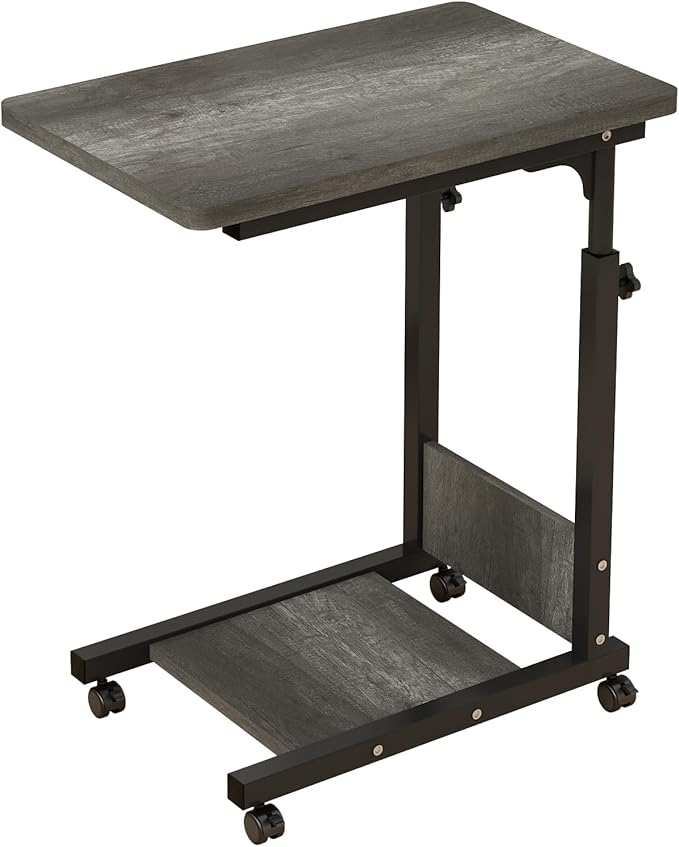 TigerDad Adjustable Height C Table Sofa Side Bedside Table with Wheels, Hospital Bed Table Rolling Tray with Storage, Mobile Computer Desk Laptop Table for Home Use,Gray