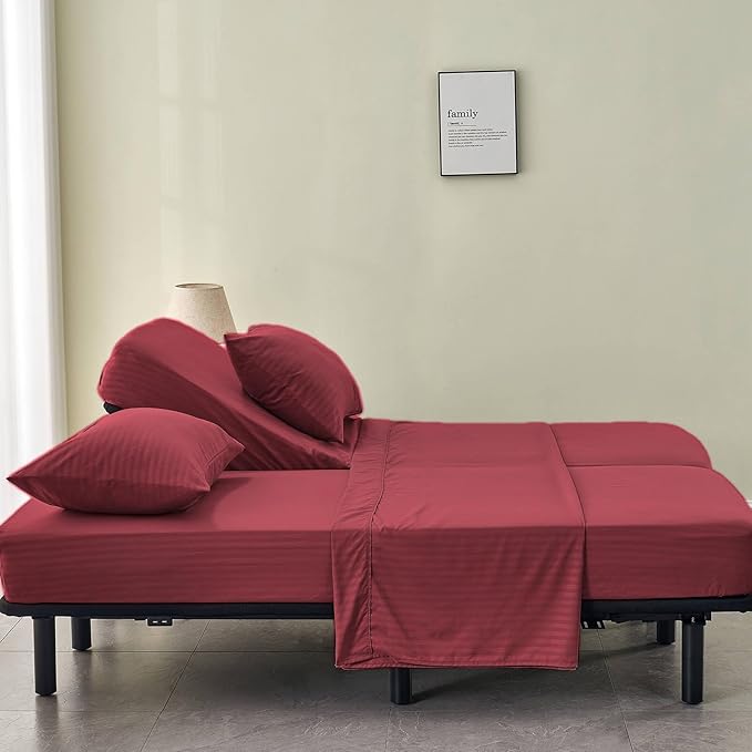 Kingnex Striped Split California King Sheets Sets for Adjustable Bed with Deep Pocket 5 Pieces Include 2 Cali Twin XL Fitted Sheets 1 Flat Sheet 2 King Size Pillowcases Burgundy