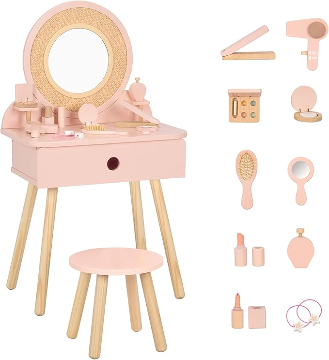 OOOK Kids Vanity Table and Chair Set, Pink Girls Vanity Set with 11 Pcs Accessories, Enough for Real and Pretend Makeup, Toddler Vanity for 3-5 Year Old and Up as Ideal Gift