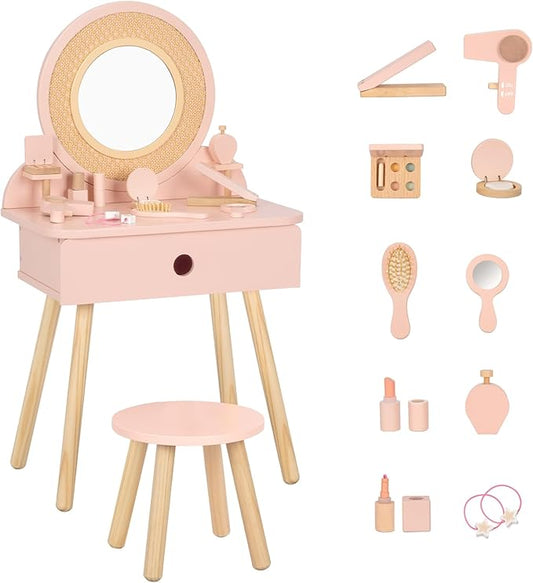 OOOK Kids Vanity Table and Chair Set, Pink Girls Vanity Set with 11 Pcs Accessories, Enough for Real and Pretend Makeup, Toddler Vanity for 3-5 Year Old and Up as Ideal Gift