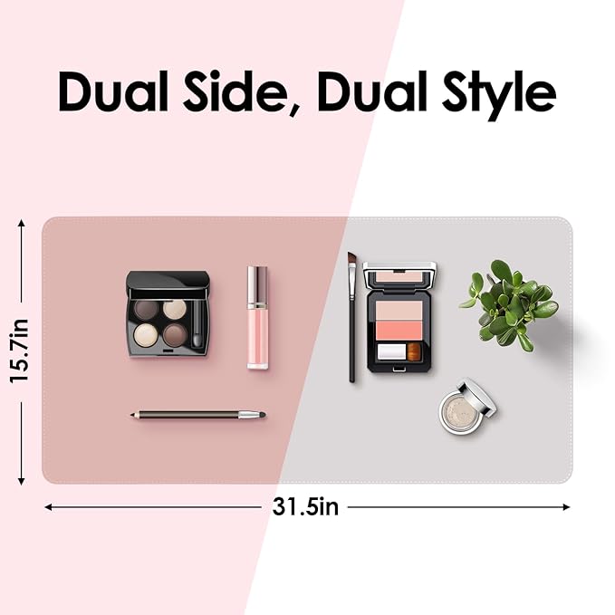 Makeup Mat for Vanity to Protect Desk Top, 31.5 x 15.7 in, Dual-Sided Makeup Mat, Easy to Clean Desk Pad - Waterproof and Oilproof Vanity Accessories (Pink and Silver)