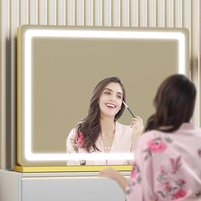 Gvnkvn Makeup Vanity Mirror with Lights 20" L x 26" W Large LED Makeup Mirror, Light up Mirror with 10X Magnification and USB Charging Port, Dimmable 3 Modes, Touch Screen Control Gold